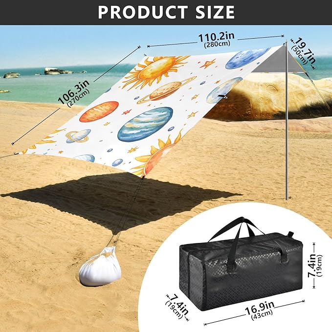 Beach Tent Sun Shelter Hand-Painted Planet Sun Lightweight &amp Easy Setup Beach Shade Canopy for Camping Fishing