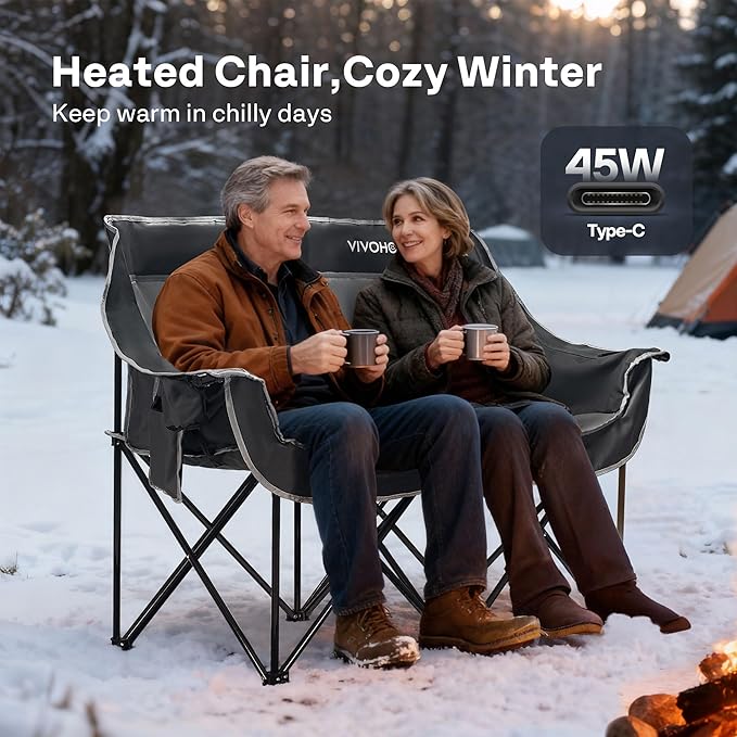 VIVOHOME 45W Padded Heating Double Camping Chair with 2 x 27000mAh Power Bank Heated Oversized Portable Loveseat for Outdoor Sports 3 Levels of Heat Overheat Protection System Black and Gray