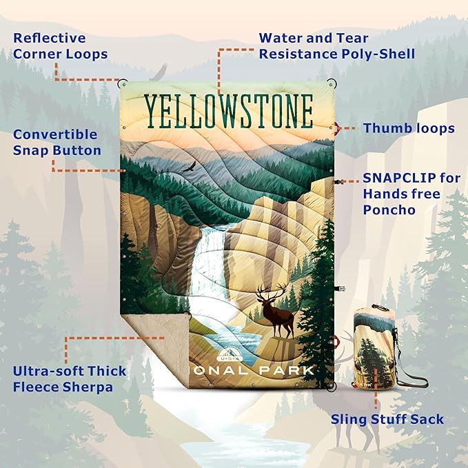 Sherpa Puffy Outdoor Blanket for Camping Traveling Car Picnics Beach Concert Stadium Sporting Events - Wearable Machine Washable Soft Warm Waterproof - 55 X 78 (Yellowstone NP)