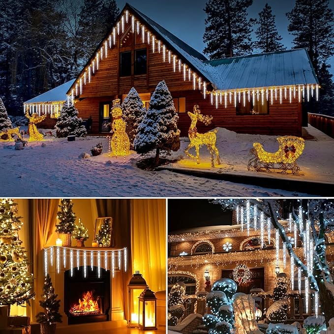 Minetom Christmas Icicle Lights - 2 Pack Total 200 LED 40 Tubes Twinkling Crystal Icicle String Connectable Waterproof Hanging Christmas Lights Plug in for Winter Eave Holiday Outdoor Decoration