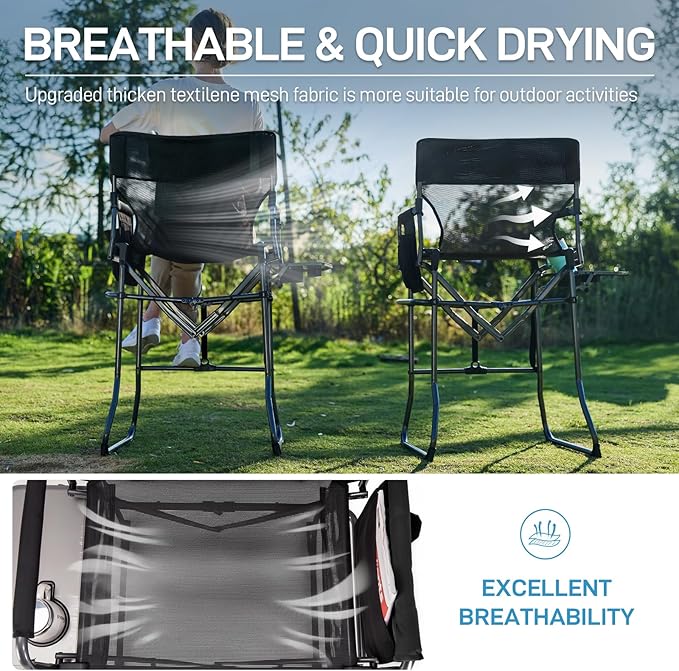 EVER ADVANCED Portable 30.7 Seat Height Tall Folding Camping Chair Directors Chair High Foldable Bar Stool with Side Table for Makeup Artist Sports Event Craft Show Textilene Mesh Supports 350LBS
