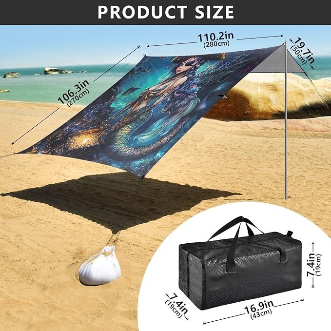 ALAZA Mermaid Pirate Beach Tent Sun Shelter UPF50+ Protection Beach Shade Canopy w/ 4 Sandbags for Outdoor Camping Fishing Backyard Fun Picnic 10x9 ft
