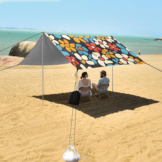 Camping Sun Shelters Groovy Pattern with Flowers Beach Canopy 126 * 110.2in