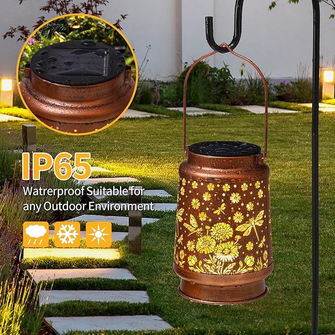 2 Pack Dragonfly Solar Lanterns Outdoor Waterproof Daisy Garden Decor Birthday Gifts for Women Mom Grandma Hanging Solar Lights Metal Lantern Decoration Outside for PorchPatioYardBackyard