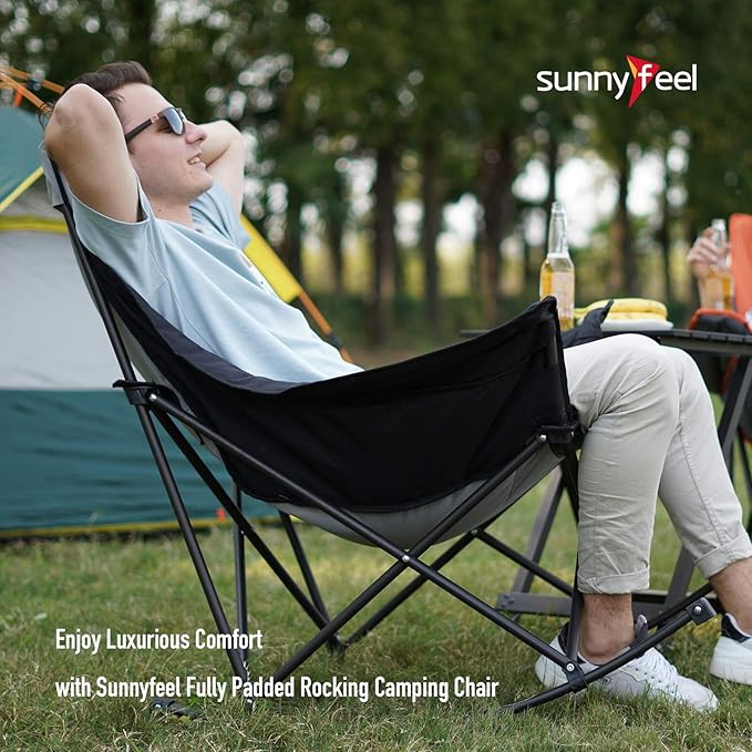 SUNNYFEEL Oversized Rocking Camping Chair Fully Padded Patio Chair with Side Pocket High Back Portable Lawn Recliner with Headrest Outdoor Camp Rocker Chairs for Adults Heavy Duty 500 LBS Carry Bag