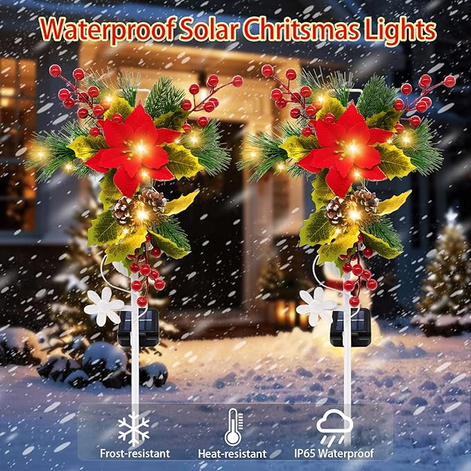 Solar Christmas Decorations Outdoor 32 Inch Solar Christmas Cross Stake Lights Waterproof Grave Decorations with Poinsettia Flower Pinecones Red Berries for Garden Yard Patio Lawn Cemetery