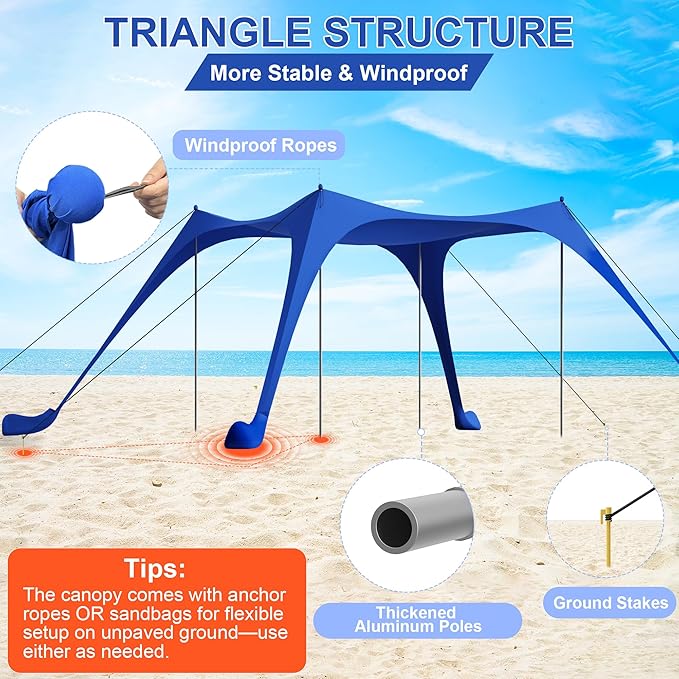 Beach Tent Sun Shelter UPF50+ with Sandbags Sand Shovel &amp Windproof Poles - Portable Pop Up Canopy for Beach Camping Picnics Backyard &amp Fishing (Royal Blue10x10FT)