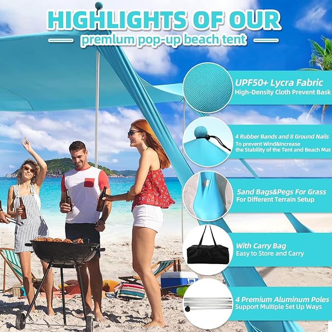 Beach Tent Sun Shelter UPF50+ 10x10 FT Family Pop Up Sun Shade with 4 Aluminum Poles Carrying Bag Floor Mat Sunglasses Sand Shovel Outdoor Shade Canopy for Beach Camping