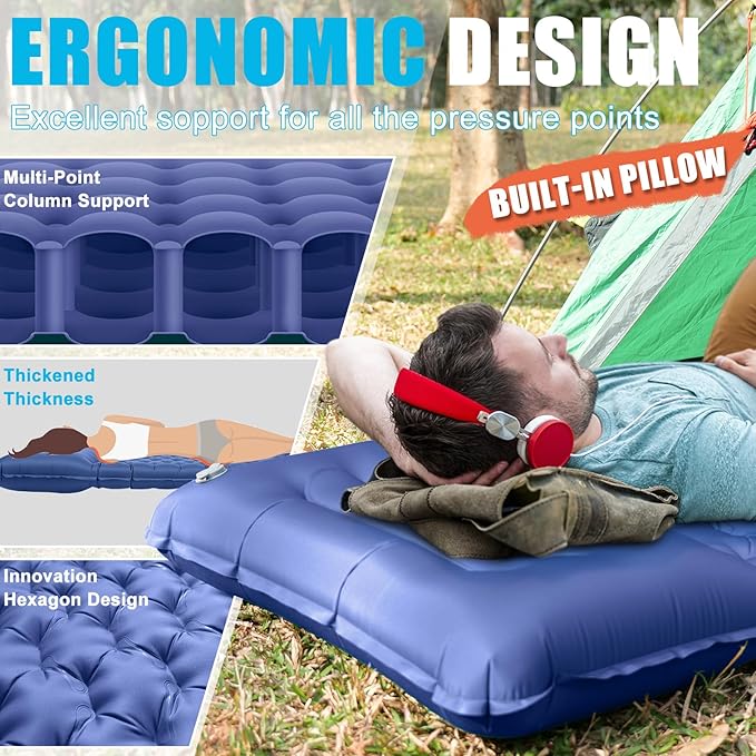 Inflatable Camping Sleeping Pad with Pillow Extra Thickness 4 Inch Sleeping Mat with Built-in Pump Compact &amp Ultralight Camping Air Mattress for Backpacking Hiking Tent Traveling