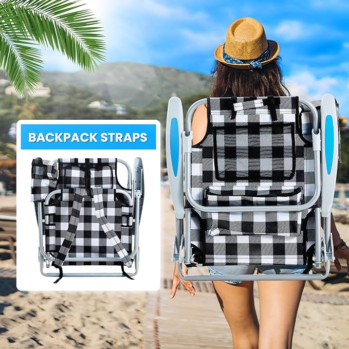 2 Pack Lightweight Portable Camping Beach Chair for Adults Outdoor Lay Flat Folding Beach Chairs with 5 Positions Backpack Beach Chair with Towel Bar Zipper Pouch Cup Holder Plaid