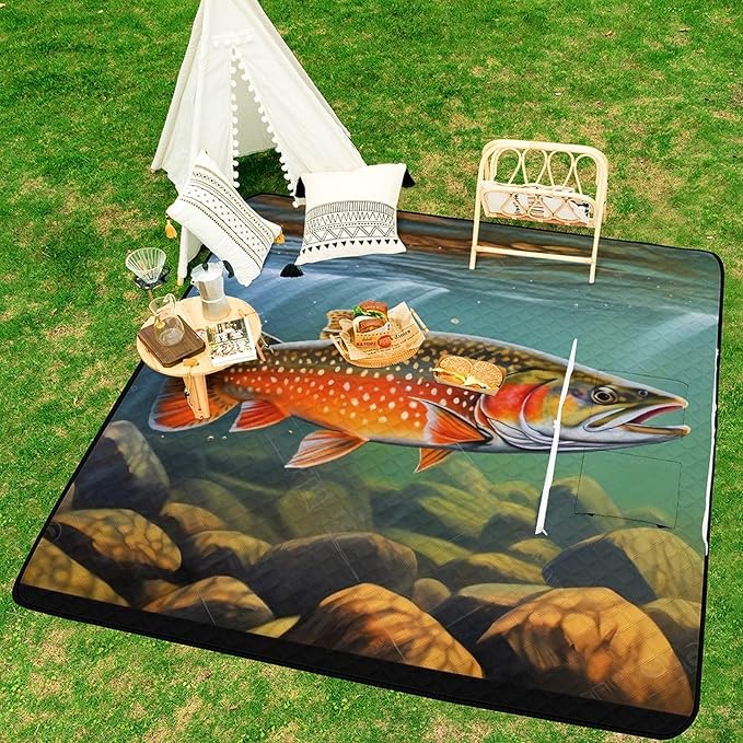 Brook Trout Fly Fishing_79629943 Print Zipper Style Picnic Mat Waterproof &amp Heat-Insulating Foldable Into A Shopping Bag
