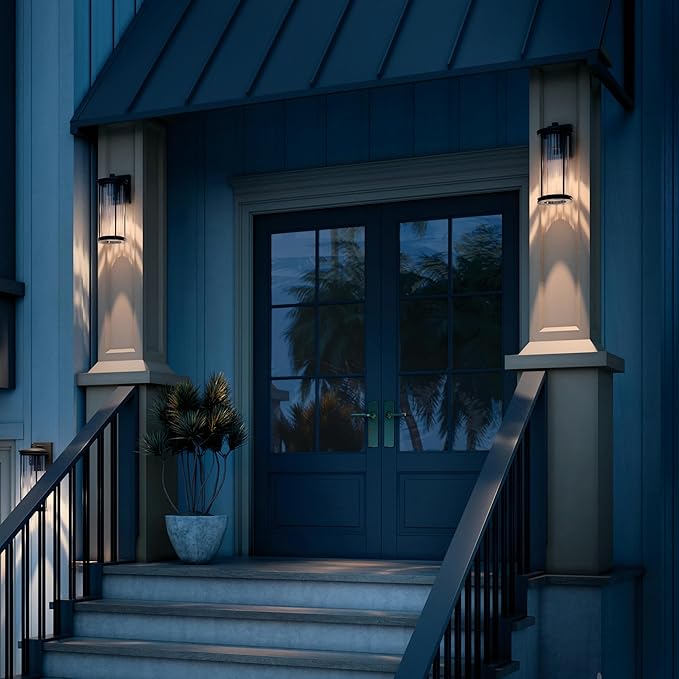 Kichler Barras 16 1-Light Outdoor DarkSky Approved Wall Sconce with Clear Ribbed Glass in Black Vertical Mount (16 x 7.25) 59023BKDS