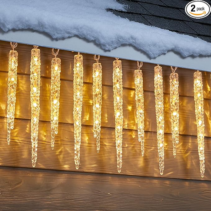Minetom Icicle Lights Outdoor with Clips 2 Pack Total 40ft 200 LED 40 Tubes Twinkling Ice Shape String Lights Connectable Hanging Christmas Lights Plug in for Eave Holiday Outdoor Warm White