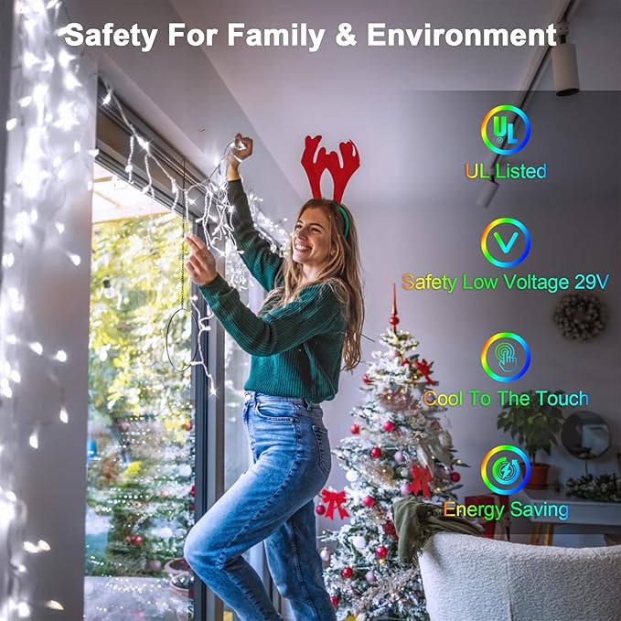 132FT 1332 LED Outdoor Christmas Lights - 296 Ice Drops 12 Pro Modes with Timer Memory &amp Brightness Waterproof Hanging Ice String Light for Holiday Wedding Garden Fence House Decor (Cool White)
