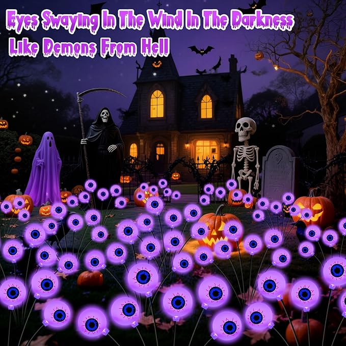 Purple Halloween Decorations Outdoor 8 Pack 48 LED Solar Scary Eyeball Swaying Lights Purple Solar Firefly Light Waterproof Outdoor Garden Lights for Halloween Yard Garden Lawn Party Flower Bed