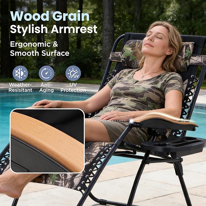 PHI VILLA XXL Oversized Padded Zero Gravity Chair Foldable Patio Recliner 30 Wide Seat Anti Gravity Lounger with Cup Holder Support 400 LBS (Camouflage)