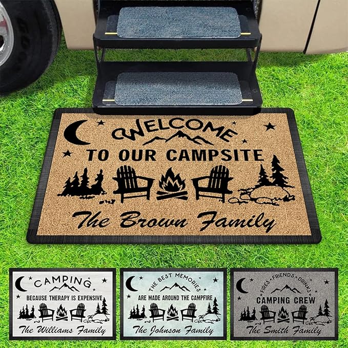 Personalized Welcome To Our Campsite Doormat - Custom Text &amp Family Name Camping Because Therapy is Expensive Door Mat RV Accessories for Inside Outside Camper Decorations Welcome Motorhome Gift