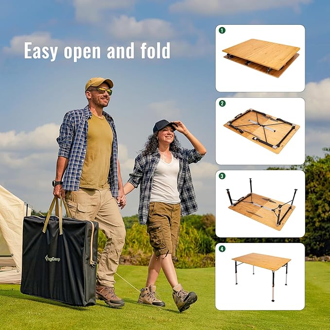 KingCamp Bamboo Folding Table 4-Fold Camping Adjustable Height Portable Outdoor Lightweight &amp Compact Table with Aluminum Frame for RV Picnic BBQ Tailgating