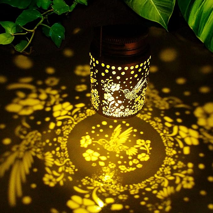 4pack Solar Outdoor Mason Lanterns Hummingbird Butterfly Dragonfly Sunflower Garden Decor LED Light Hanging Waterproof Metal Lanterns for Patio Pathway Yard (Art Deco 4pack)