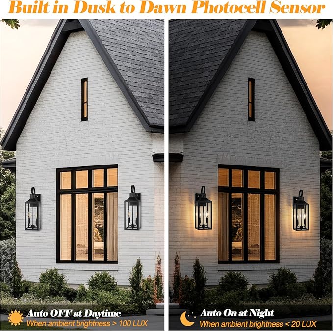 Large Porch Lights with GFCI Outlet 19 Black Dusk to Dawn Outdoor Wall Lantern 2-Light Exterior Lighting Fixtures with GFCI Outlet Built-in Waterproof Outdoor Wall Sconce for House Front Door