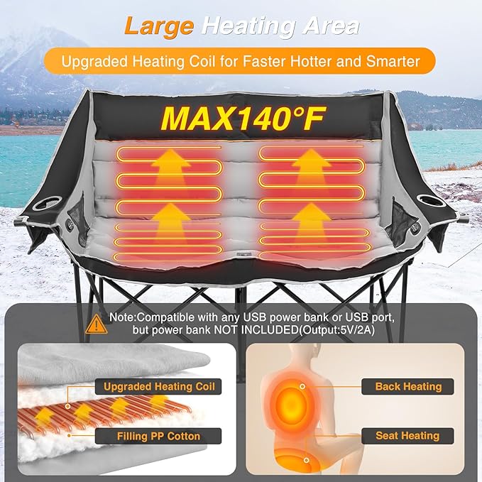 Suteck Heated Double Camping Chair Heated Loveseat Chair for Outdoor Sports W/3 Heat Levels &amp 4 Heating Zones Portable Folding Chair for Adults Use for Camping &amp Travel