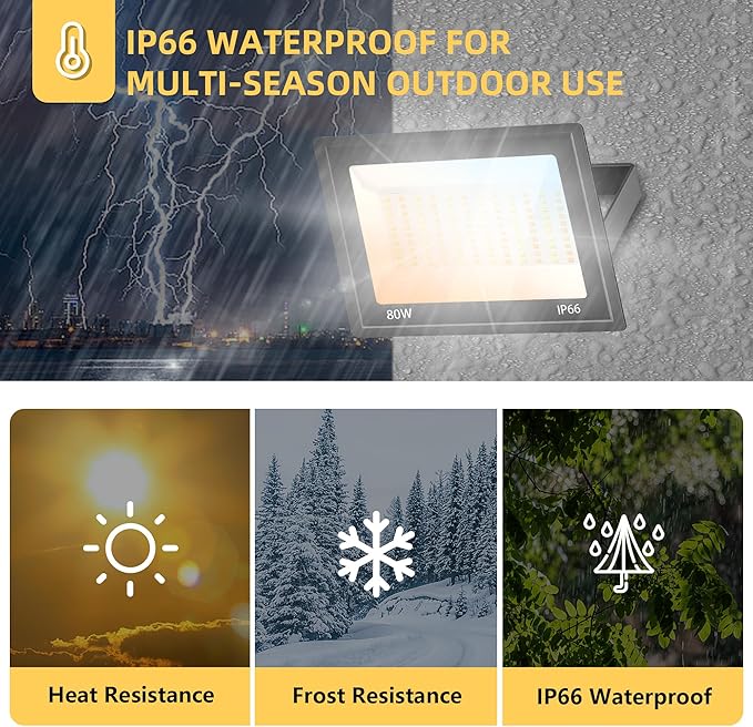 80W LED FloodLights Outdoor 3 Pack 3CCT 3000K 4500K 6000K Selectable IP66 Waterproof 10000LM Floodlight Outdoor Security Flood Light for Backyard Garden Garage