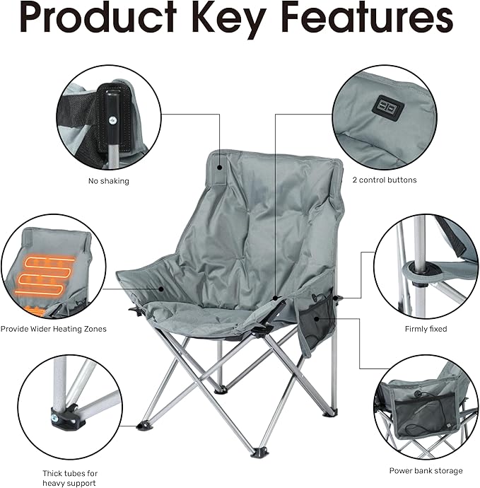 SunSettler Heated Camping Chair Oversized Heated Outdoor Chairs for Adults with 3 Heat Levels Portable Folding Padded Chair for Camp Lawn Sports (Battery NOT Included) (Grey Small)