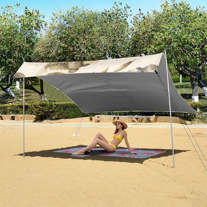 Sloth Pattern Beach Tent Sun Shelter 9.2' x 10.5' Beach Canopy with 4 Sandbags 4 Stability Poles Sand Shovels - Tent Canopy for Beach Camping Fishing Picnics