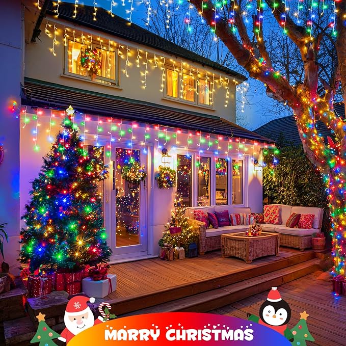 JMEXSUSS Color Changing Outdoor Waterproof Icicle Lights 400 LED with Remote Warm White to Multicolor for Christmas Eaves Party Decorations