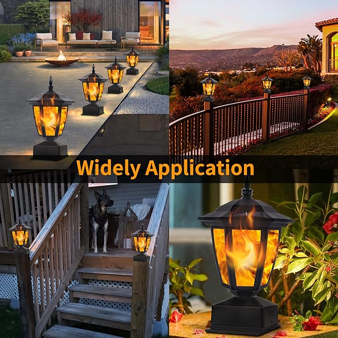 Dynaming Solar Flame Post Lights Outdoor Solar Powered Lamps Fence Post Cap Lights Flickering Flame LED Lantern Decorative Waterproof for Garden Deck Patio Fit 4x4 5x5 or 6x6 Wooden Posts 6 Pack