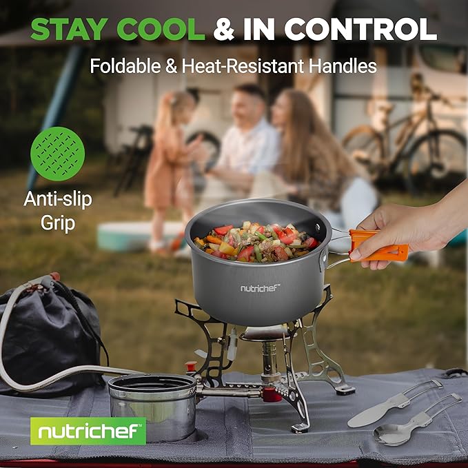NutriChef Camping Cookware Set - Lightweight Nonstick Pots Pans Utensils Bowls Cutlery and Cleaning Tools with Mesh Bag Foldable Handles Compact Outdoor Cooking Gear for Hiking &amp Travel (Gr