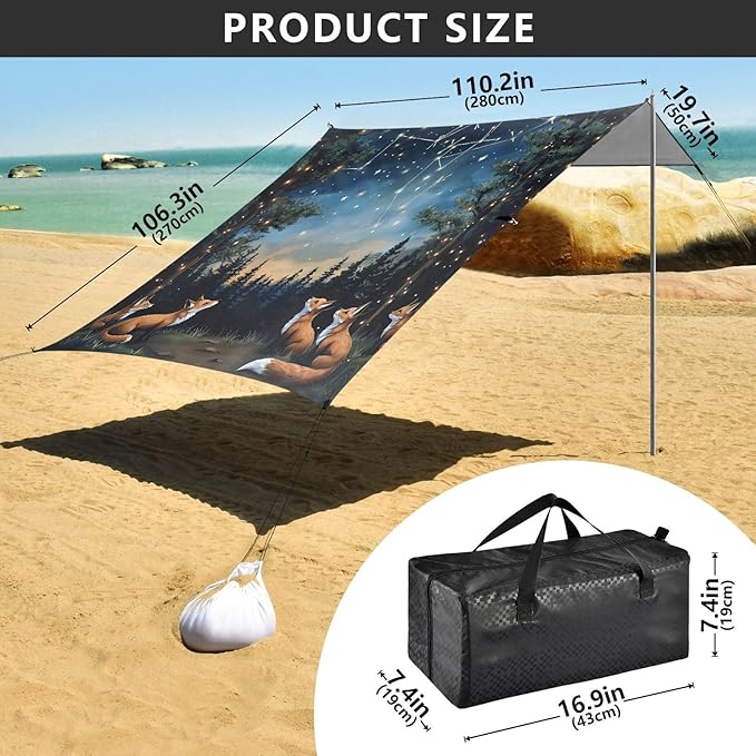 Bolaz Beach Canopy Tent Sun Shade9'×10.5' Large Family Beach Shade UPF50+- Outdoor Shade for Camping Trips FishingFoxs Star Sky