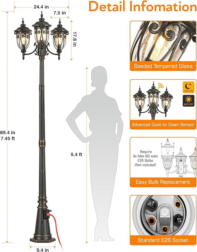 VIANIS Outdoor Lamp Post Light with Outlet Dusk to Dawn Black Light Lamp Posts for Outside with 3 Head Waterproof Post Lights Outdoor for House Doorway Driveway Anti-Rust
