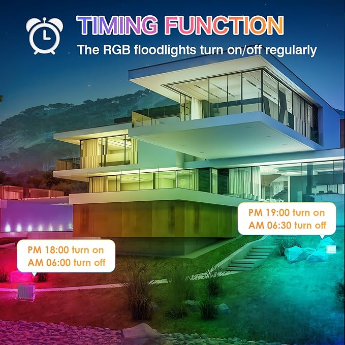 RGB LED Flood Lights Outdoor 50W (400W Equivalent) Color Changing Smart Lights 5000LM Bluetooth App &amp 2.4G Remote Control IP66 Waterproof Music Sync Timer 16 Million Colors(2-Pack)
