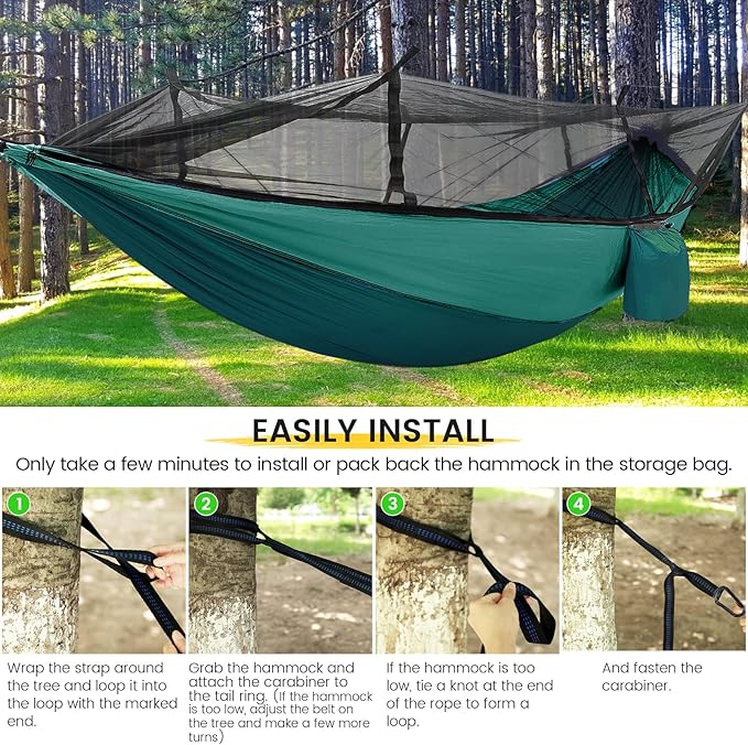 Camping Hammock with Mosquito Net &amp Rain Fly Tent Tarp &amp Tree Straps Portable Strong Nylon Hammock Parachute Tent w/Storage Bag for Camping Hiking Backyard Outdoor Backpacking Travel