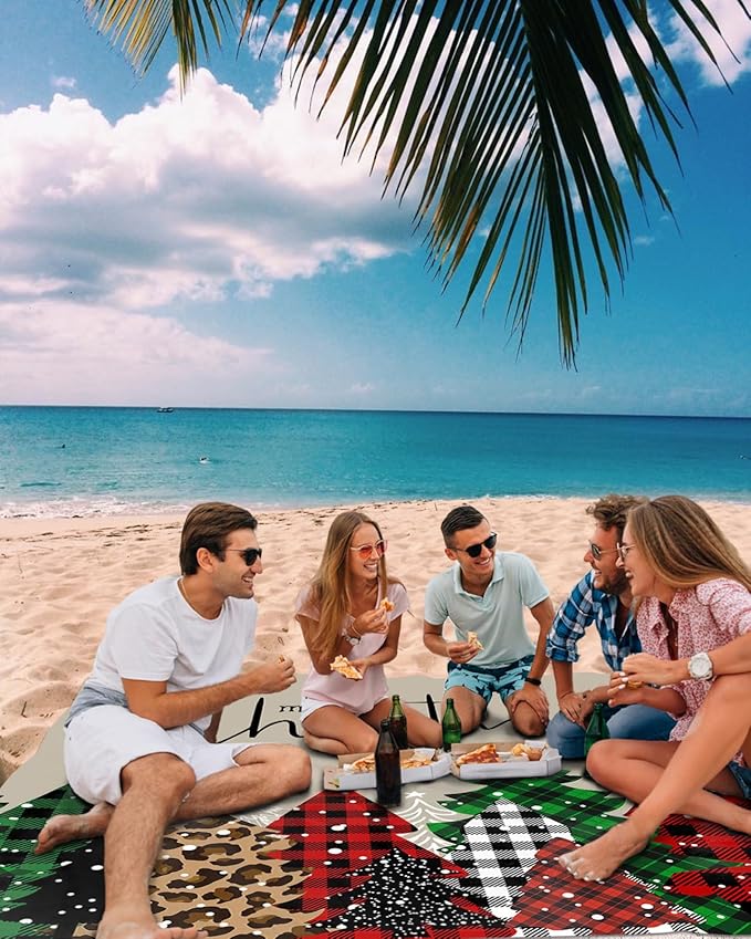Beach Blanket Waterproof Sandproof OversizedChristmas Tree Red Black Buffalo Plaid Beach Mat with Corner Stakes Sand PocketsWatercolor Leopard Xmas Trees Outdoor Picnic Mat for Travel 83x79In