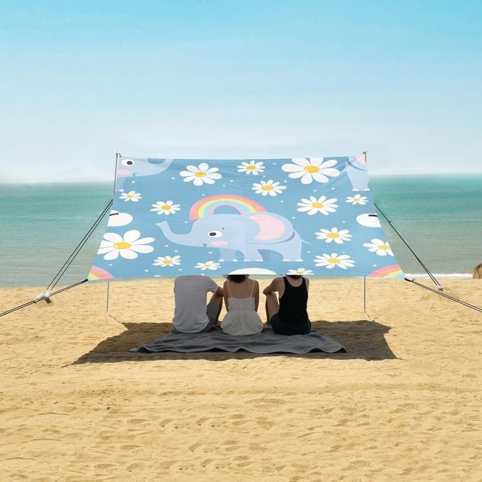 Cute Little Elephant Little Rainbow Camping Sun Shelter Beach Tent Portable Beach Sun Shade Outdoor Canopy for Camping Trips Fishing Picnic