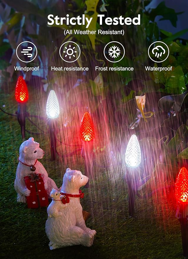 C9 LED Christmas Lights Outdoor with Stakes 25.7 Feet 20 LED C9 Strawberry String Lights Connectable Shatterproof Pathway Lights Marker for Path Lane Patio Xmas Holiday Decorations Red and White
