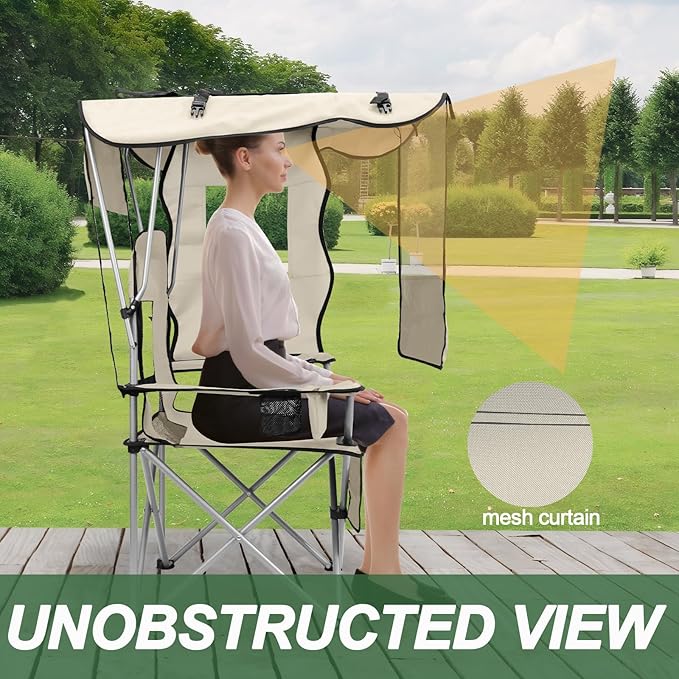 ptlsy Folding Camping Chair with Canopy Beach Chair with Canopy Shade with Cup Holders Cooler Bag for Camping Fishing Beach Sports and Concert (White)