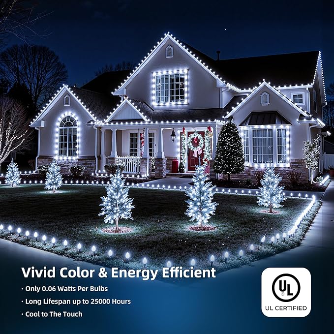 Minetom C9 LED Christmas Lights Outdoor 81FT 100 LED C9 String Lights Waterproof Connectable 8 Modes with Timer &amp Memory Function for Tree Home Yard Party Indoor Outside Cool White