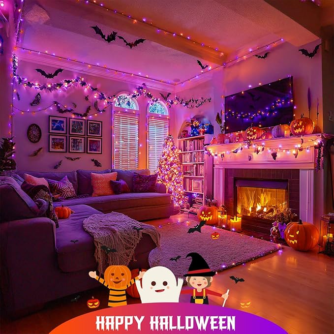 JMEXSUSS Orange and Purple Halloween Lights Battery Operated Each 33 FT Indoor Halloween Lights Outdoor Waterproof 2 Pack 100 LED Christmas Light for Christmas Tree Decor