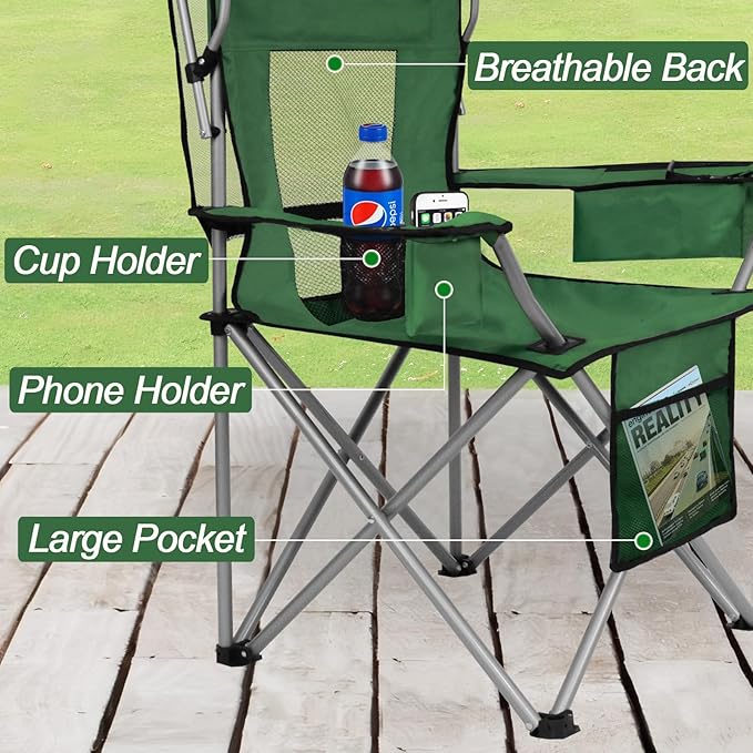 ptlsy Folding Camping Chair with Canopy Beach Chair with Canopy Shade with Cup Holders Cooler Bag for Camping Fishing Beach Sports and Concert (Green)