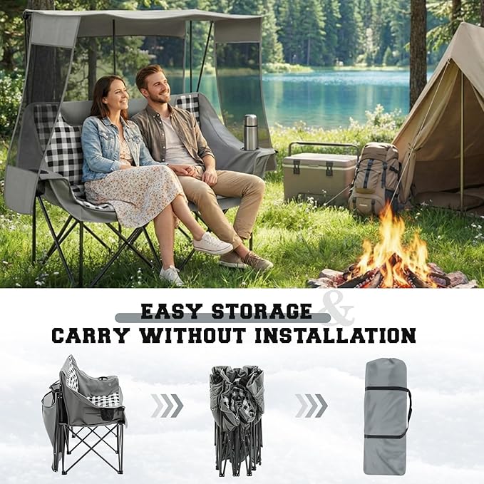 Double Camping Chair with Canopy Shade Oversized Folding Loveseat with Roof 660lbs Heavy Duty Outdoor Lawn Chair with Holders Pocket for Camping Fishing (Heating Zones for Cool Evenings)(Gray Plaid)