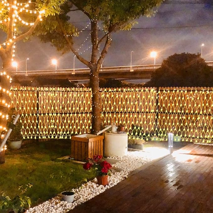 (Upgraded) Outdoor Christmas Lights 360 LED Sturdy Net Lights 12x5Ft Outdoor String Lights [8 Modes &amp Waterproof] Christmas Decoration for New Year Bushes Gardens Lawns Patio Decor - Warmwhi