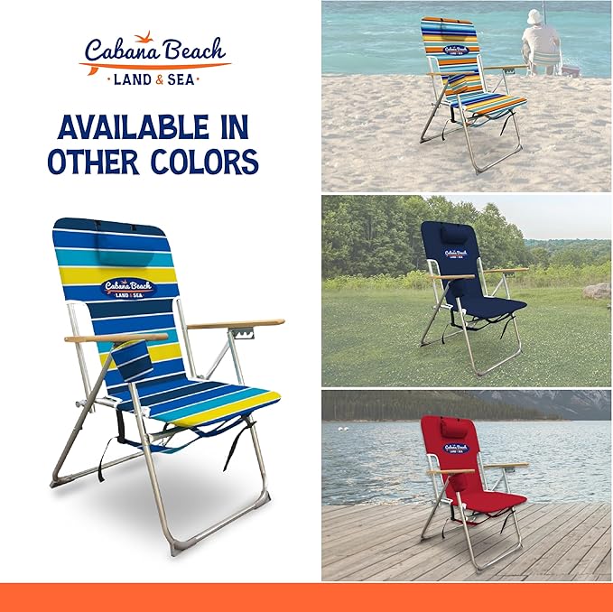 Cabana Beach Folding Beach Chair 4 Position Portable Backpack Foldable Camping Accessories with Headrest Cup Holder and Wooden Armrests Cool Bold Stripe