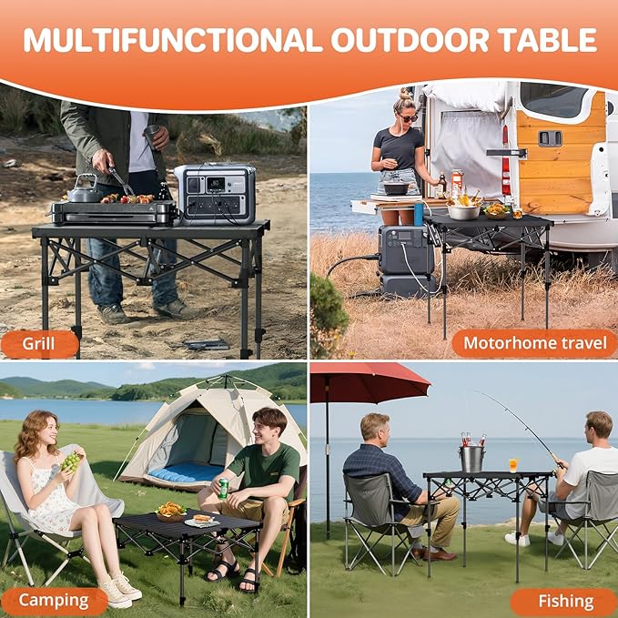 FUNYKICH Folding Camping Table(L26.4''xW22.8'') Aluminum Roll-up Portable Picnic Table with 2 Adjustable Height(17.3'' &amp 27.6'') for Picnic Camping BBQ Party Backyard Beach