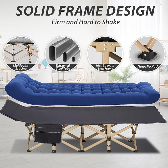 Folding Camping Cot for Sleeping Portable Cots for Adults Heavy Duty Cot Bed 550LBS(Max Load) Extra Wider Cots with Large Pocket for Outdoor Office Beach