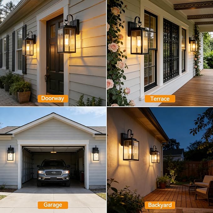 11.8-inch Dusk to Dawn Outdoor Wall Lights Black Exterior Light Fixture with Clear Tempered Glass IP65 Waterproof All-Metal Sconce for Porch Front Door Garage