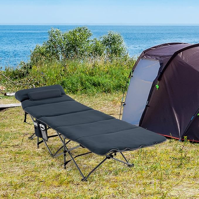 Goplus Camping Cot Folding Camping Cot with Mattress Pillow Carry Bag Storage Pocket Camping Bed Military Cot for Home Office Nap Hiking Heavy-Duty Portable Sleeping Cot for Adults Kids (Blue)