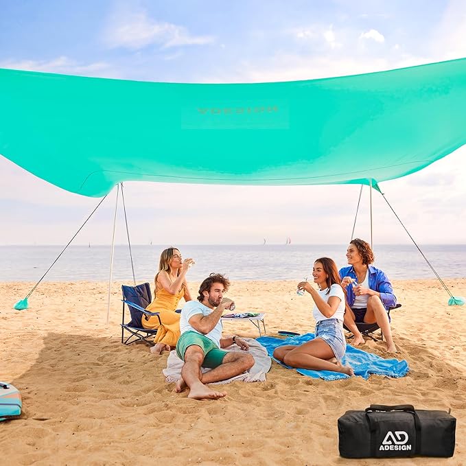 ADesign Windproof Beach Tent Sun Shelter with 8 Sandbags Wind Resistant Large Family Beach Canopy with Sand Shovel UPF50+ 6.5 FT Tall Easy Setup Sun Shade for Beach Vacation